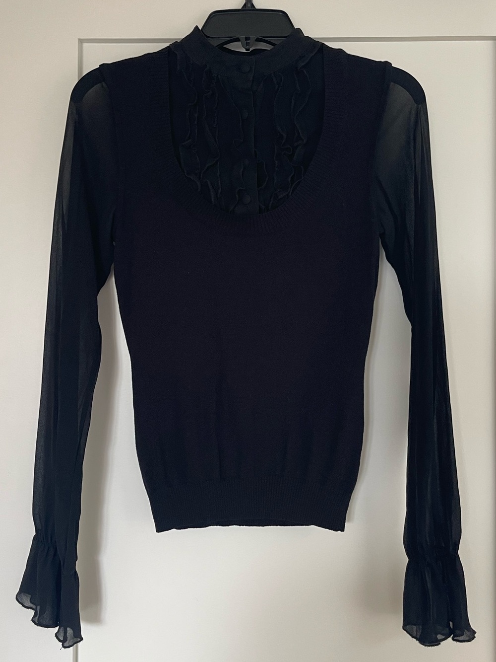 Black Knit Sweater Vest & Attached Silk Sheer Ruffle Shirt Size S